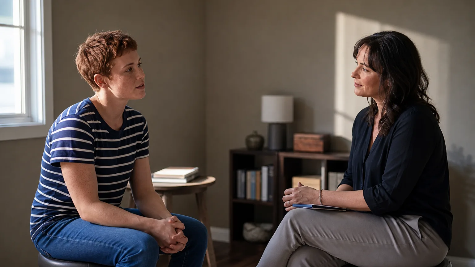 Two adults sit facing each other in a sunlit room, one listening with a notebook on her lap while the other clasps her hands.