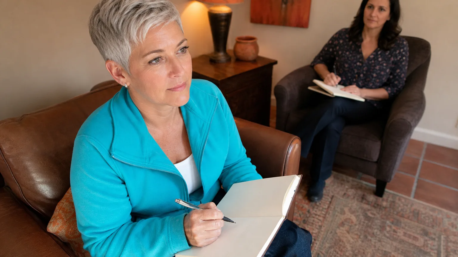 A short-haired woman in a turquoise jacket holds a pen over a notebook while another woman sits behind her with a notebook.