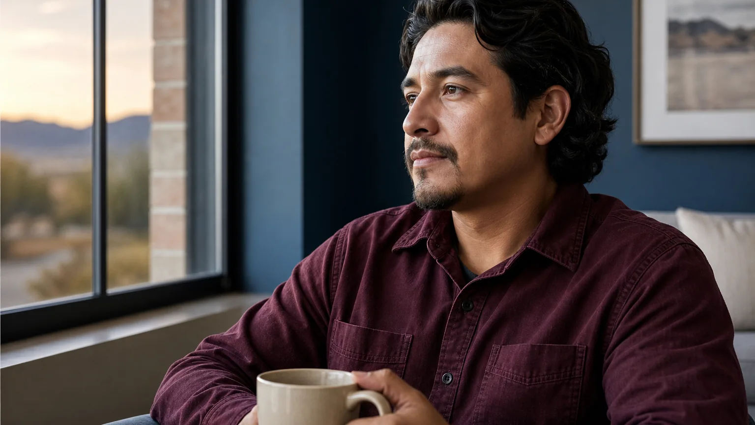 An adult man in a burgundy shirt holds a ceramic mug while looking out a window toward distant desert mountains.