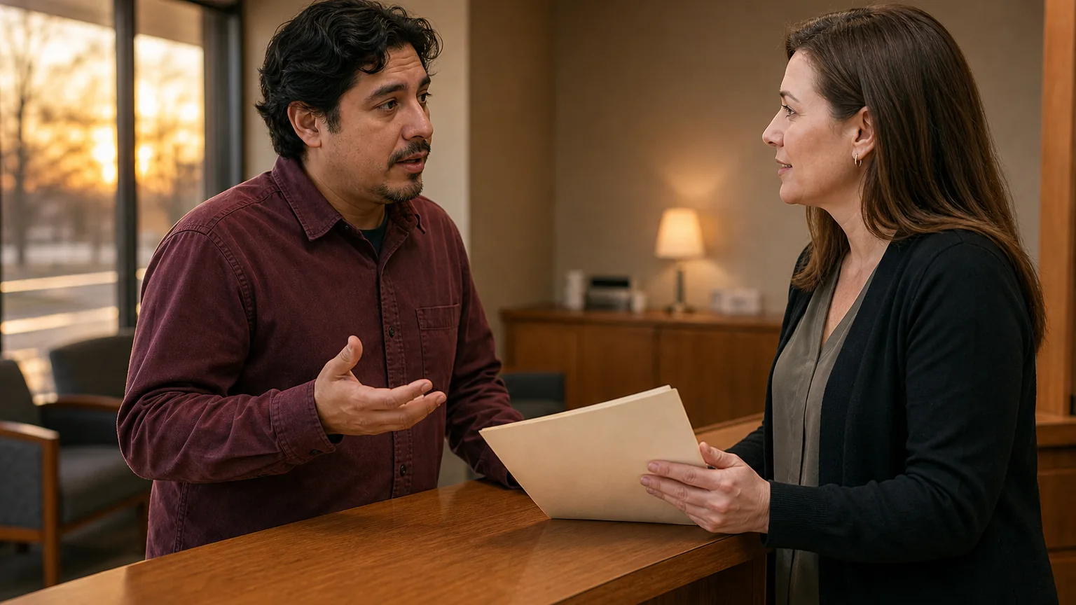 A man gestures while speaking with a woman holding a folder across a wooden reception counter in a warmly lit office.