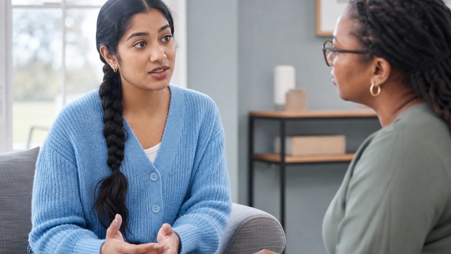 A young woman in a blue cardigan gestures while speaking with a woman wearing glasses and holding a pen.