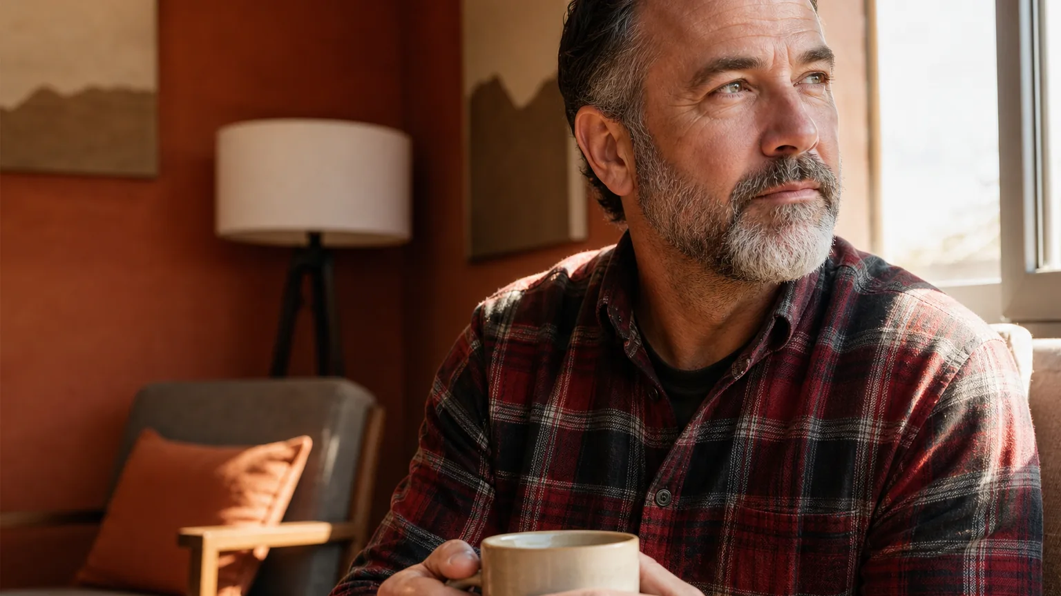 A bearded man in a plaid shirt holds a plain ceramic mug beside a sunlit window in a warm room with terracotta walls.