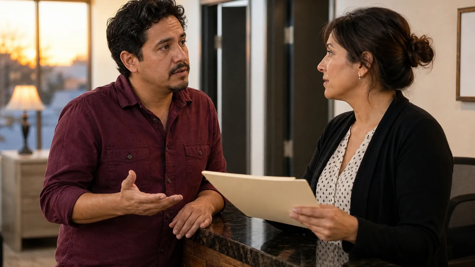 A man in a burgundy shirt gestures while speaking with a woman holding a folder across a reception counter.