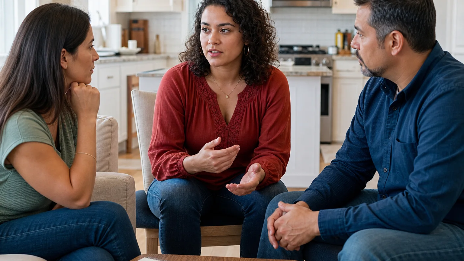 Three adults sit together in a home as a woman in a red blouse gestures while the other two listen.