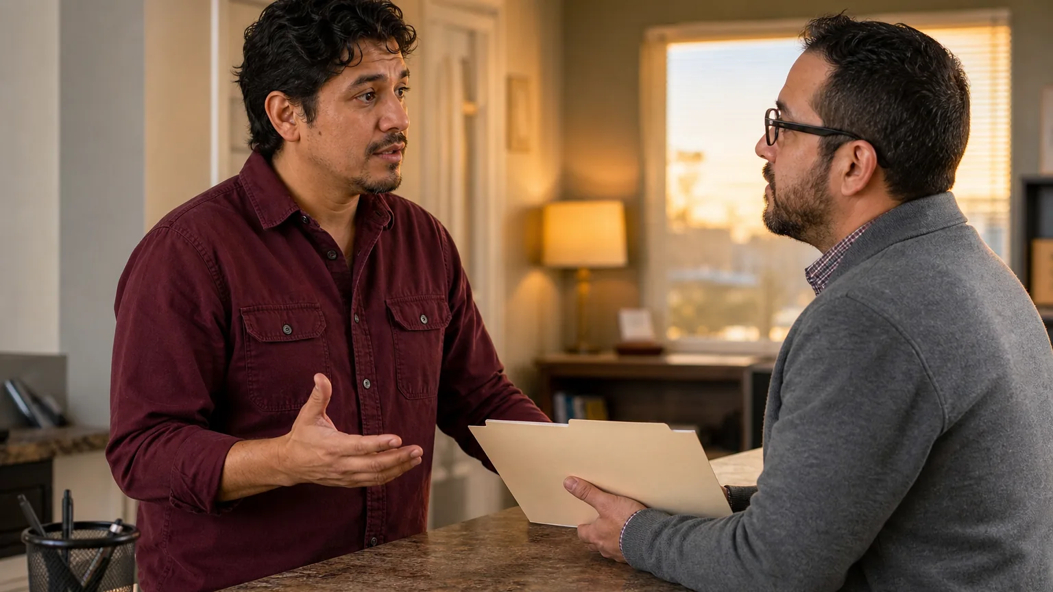 Two adult men talk across an office counter, one gesturing with an open hand while the other holds a folder.