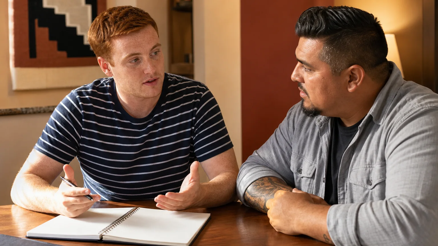Two adult men sit across a wooden table in conversation, one holding a pen and gesturing above an open notebook.