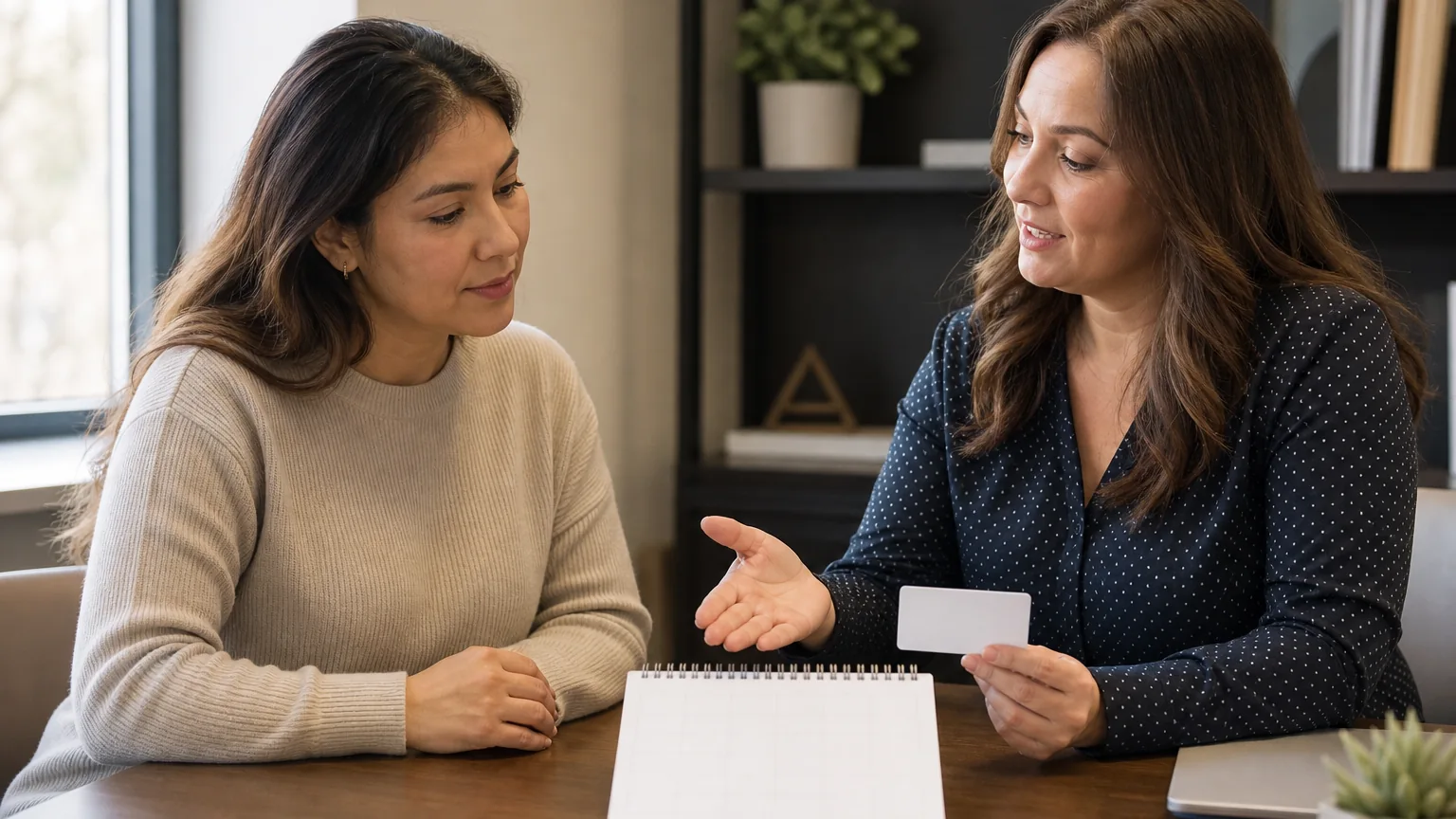Two women sit facing each other at an office desk, one holding a blank card and gesturing beside a calendar.