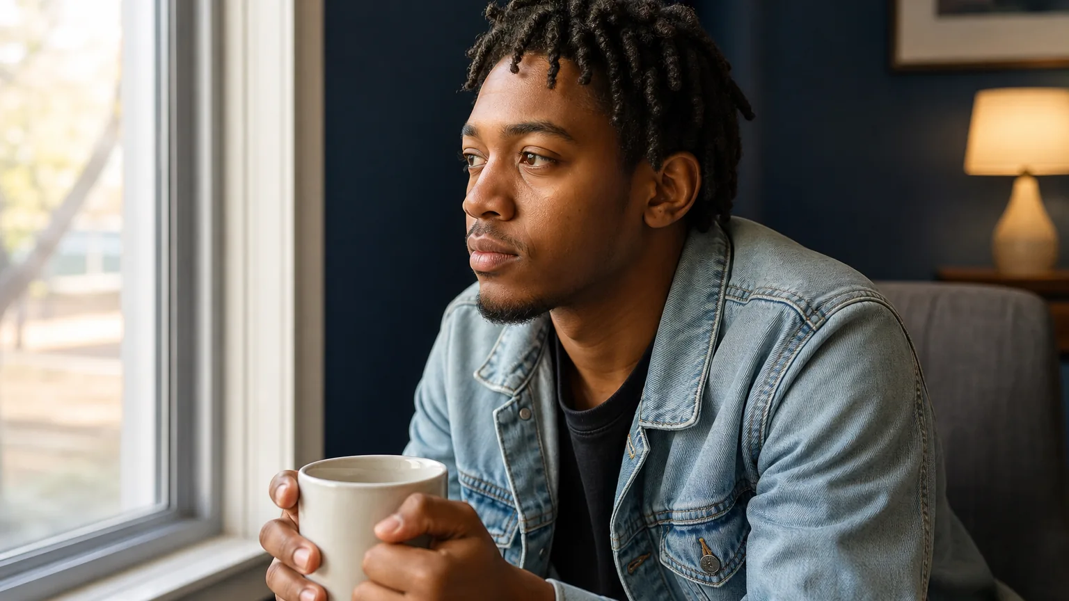 A young adult man in a denim jacket holds a white mug with both hands while gazing out a window.