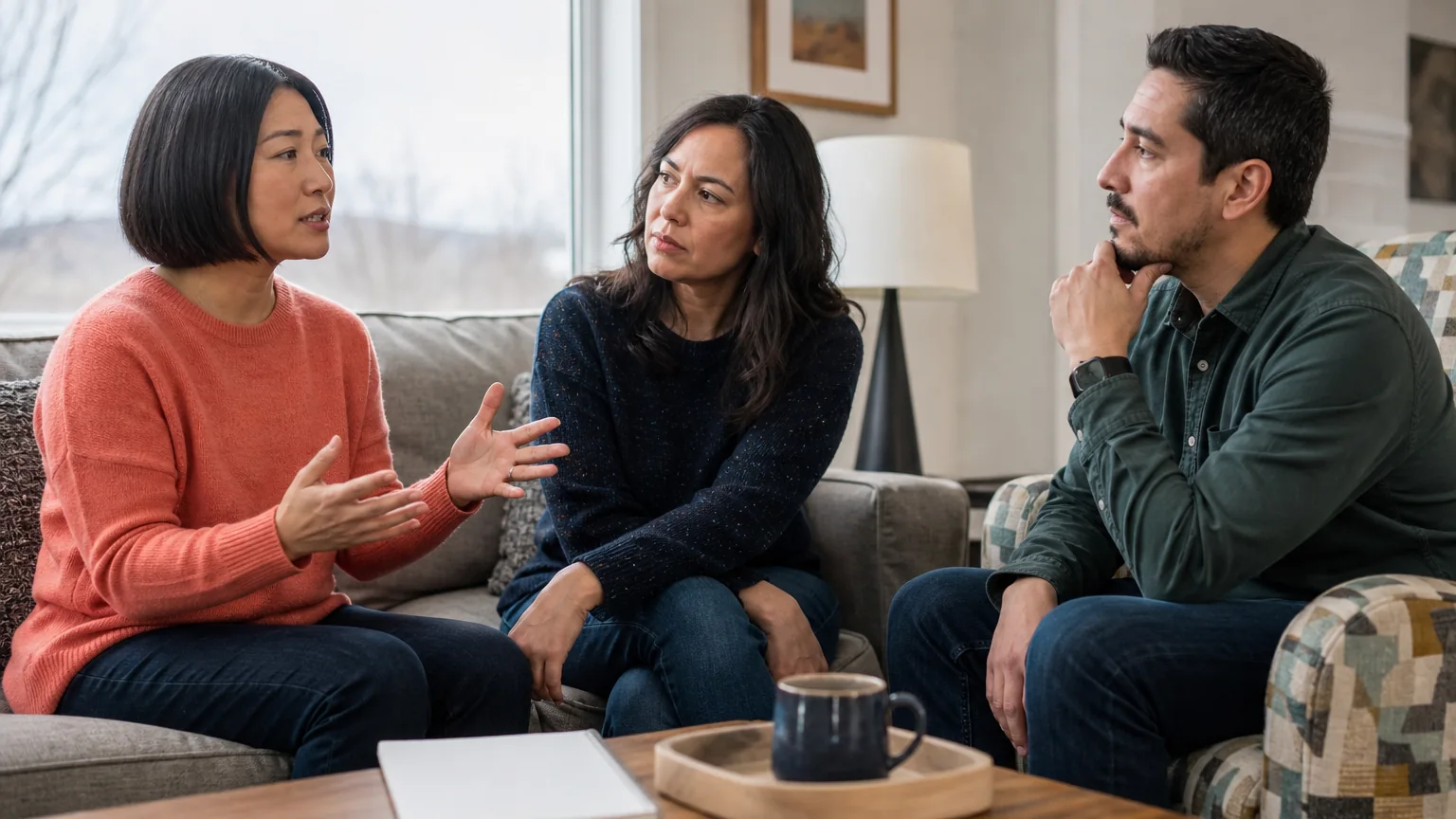 A woman in a coral sweater gestures while another woman and a man listen during a seated conversation in a living room.
