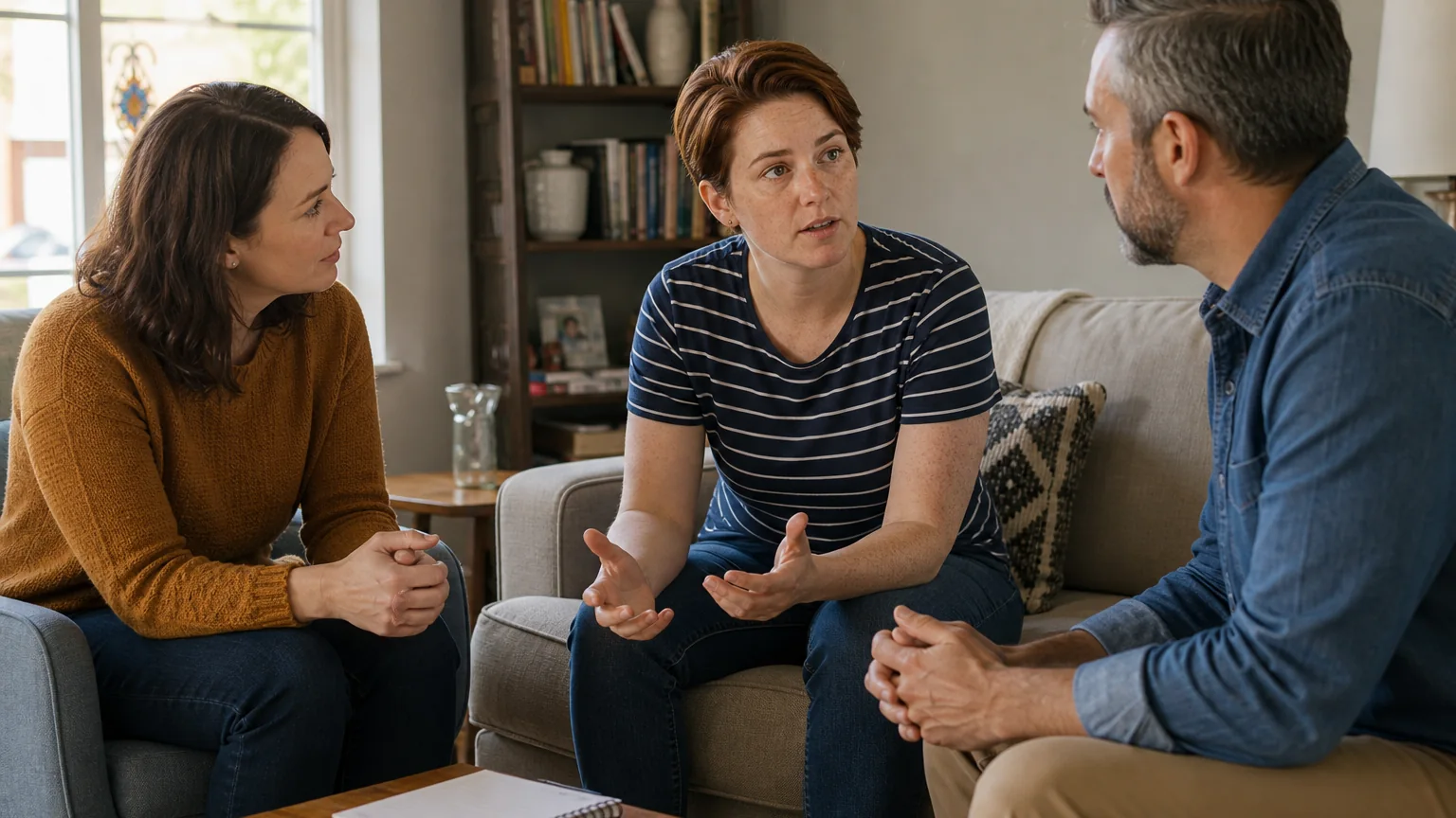 Three adults sit together in a living room, listening as a woman in a striped shirt speaks and gestures with open hands.