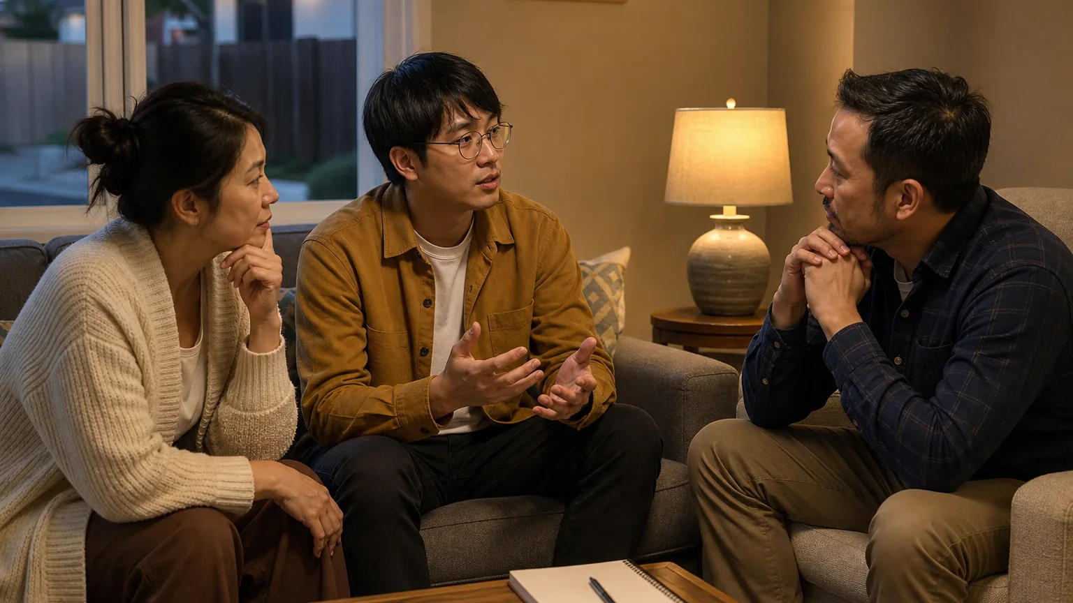 Three adults sit facing one another in a living room, with one man gesturing and a notebook on the coffee table.