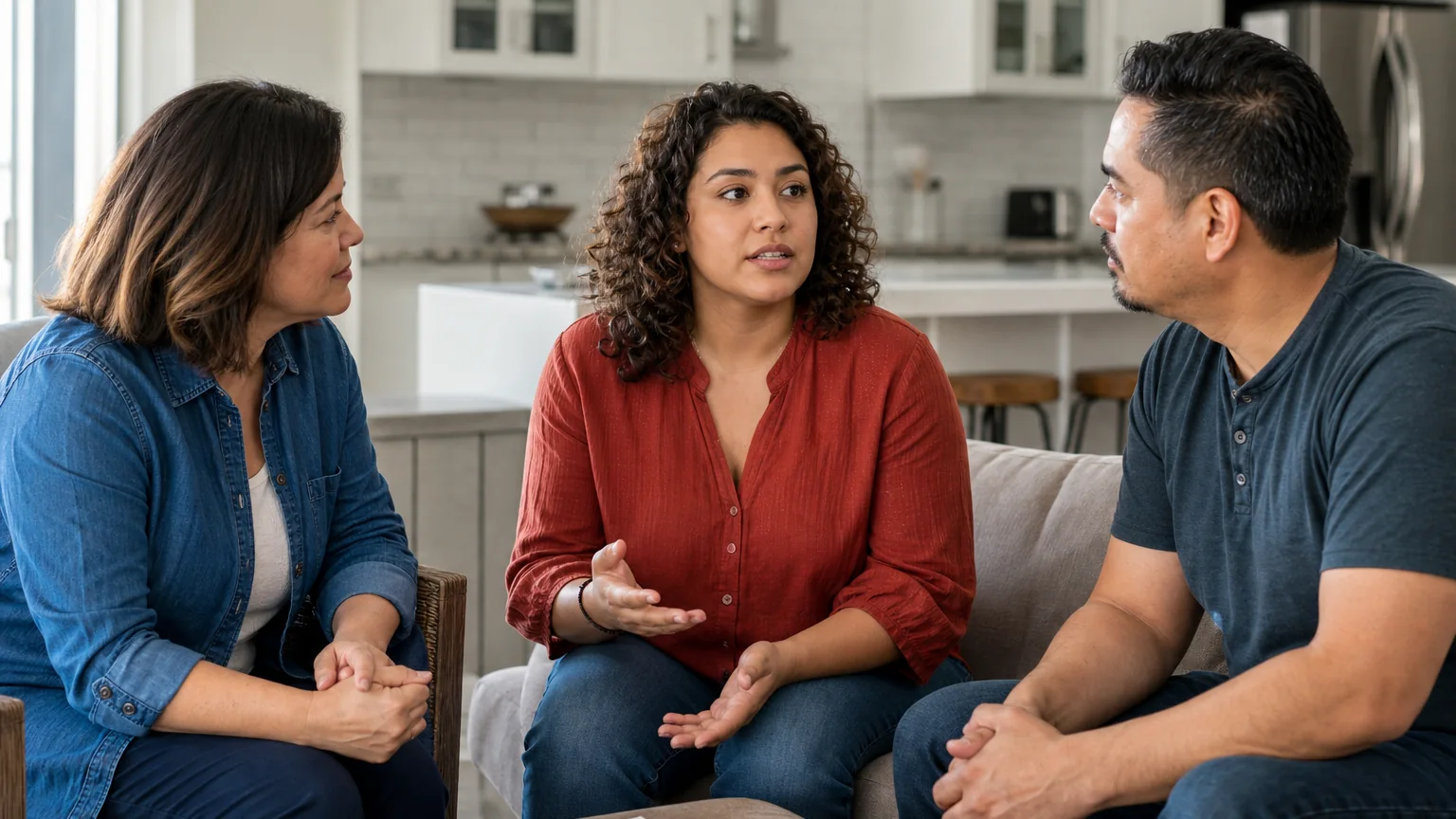Three adults sit together in a bright living room as a woman in a red blouse gestures while speaking to the others.