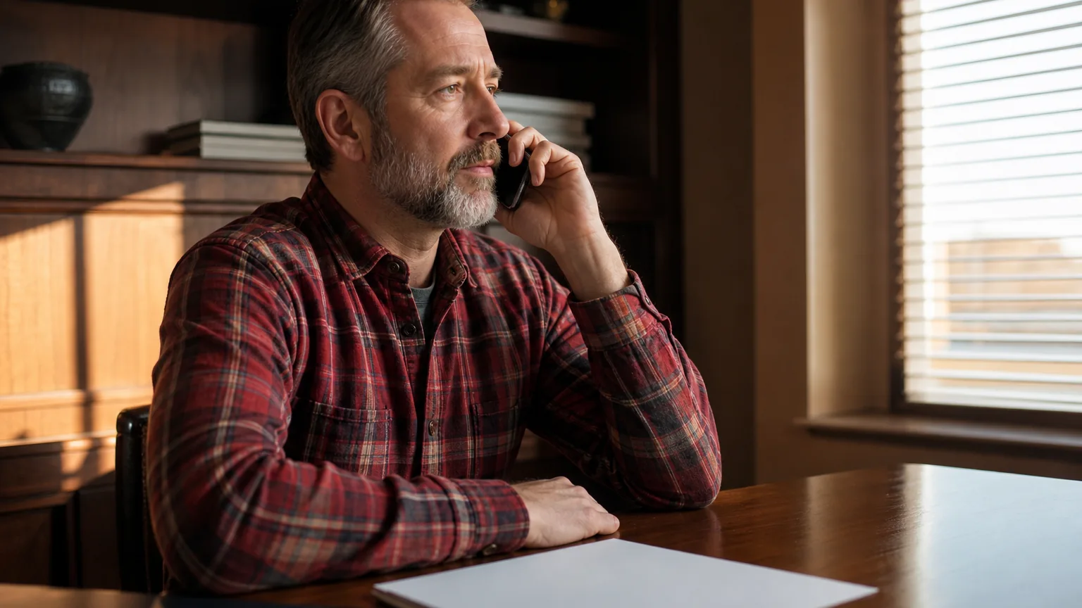 A bearded man in a red plaid shirt holds a cellphone to his ear at a wooden desk beside a window, with blank paper nearby.