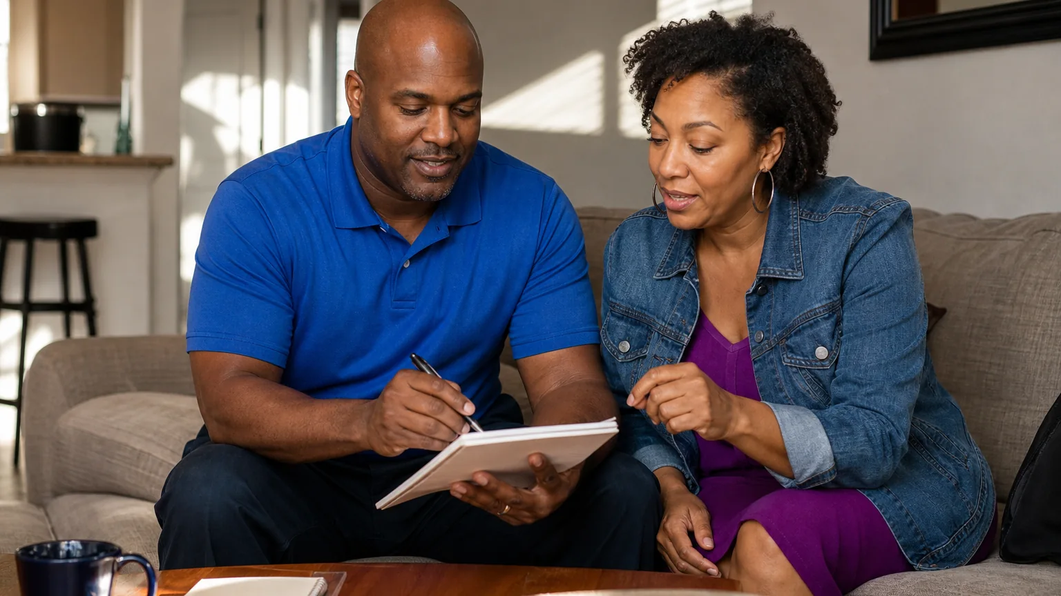 A man writes on a notepad while a woman seated beside him on a living room sofa looks on and gestures.