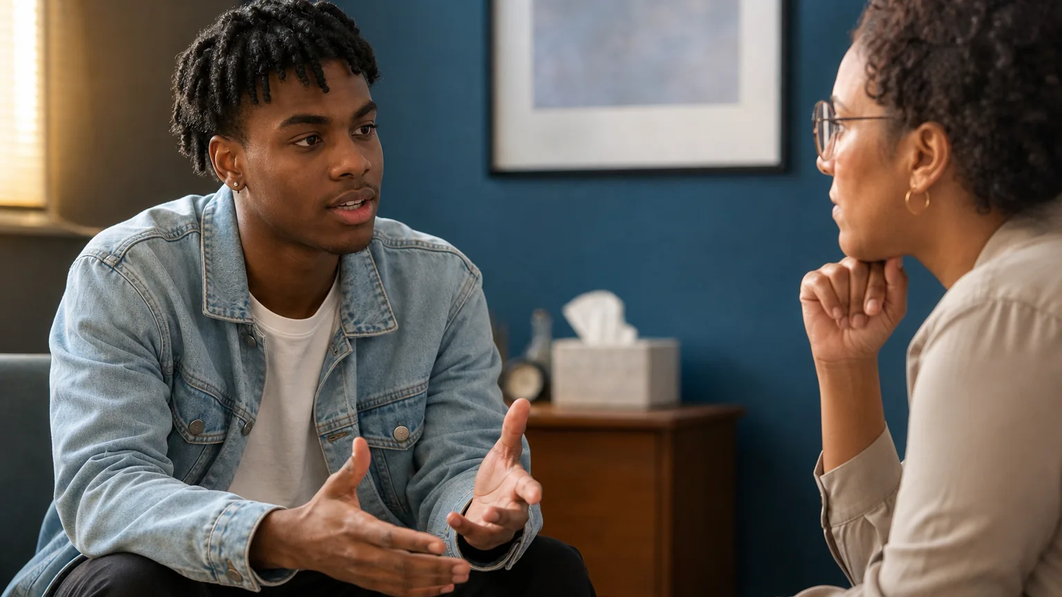 A young adult man in a denim jacket gestures while talking with a woman wearing glasses in a counseling-style office.