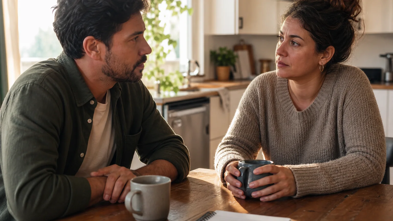 A man and woman face each other across a wooden kitchen table with mugs and a notebook, appearing engaged in conversation.