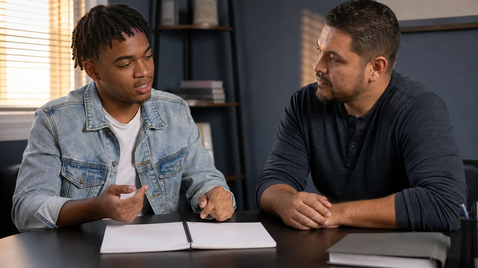 Two adult men sit across a desk in conversation, one gesturing above an open notebook while the other listens.
