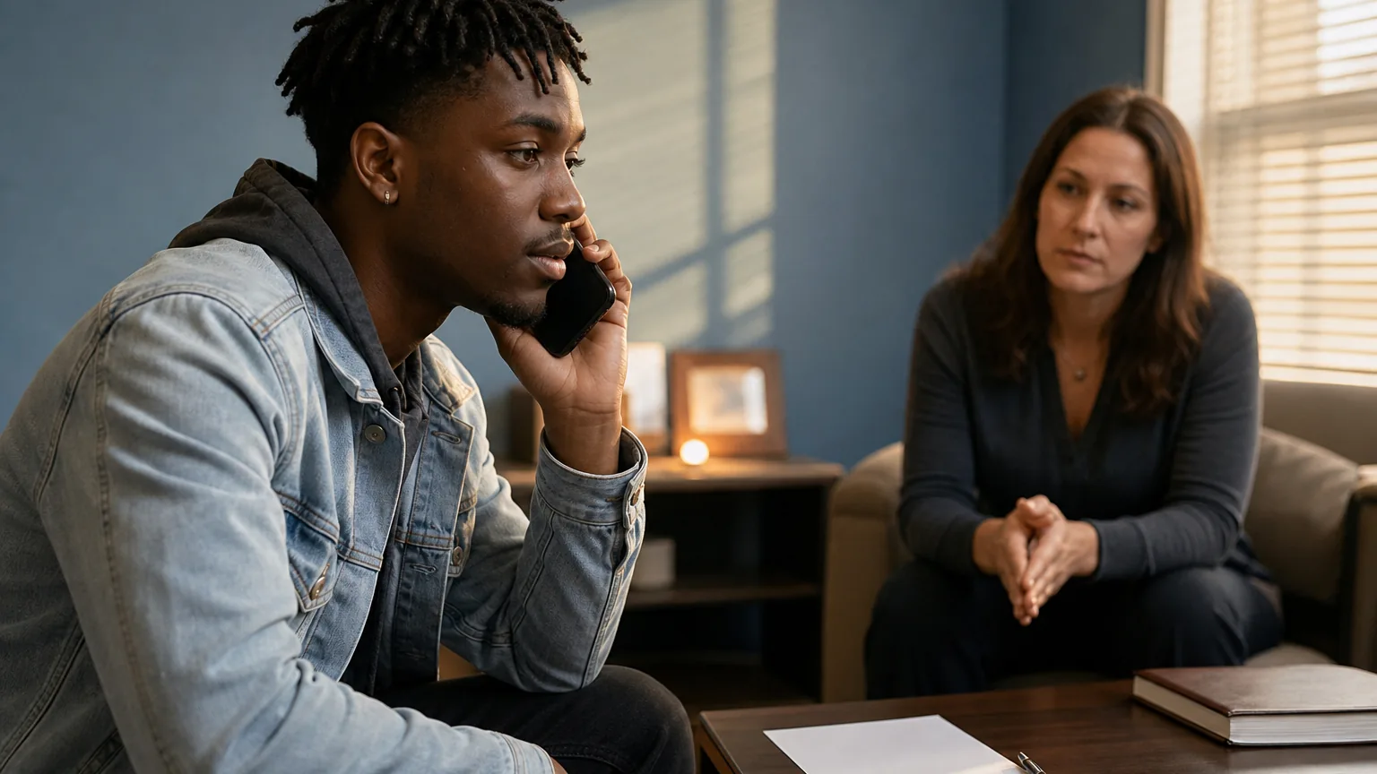 A man holds a phone to his ear while a woman sits opposite him, with paper, a pen and books on a table between them.