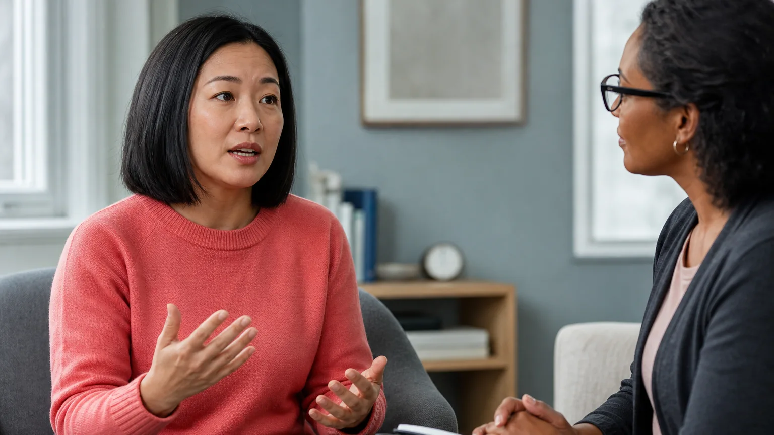 A woman in a coral sweater gestures while speaking with a woman wearing glasses and holding a notebook in a counseling setting.