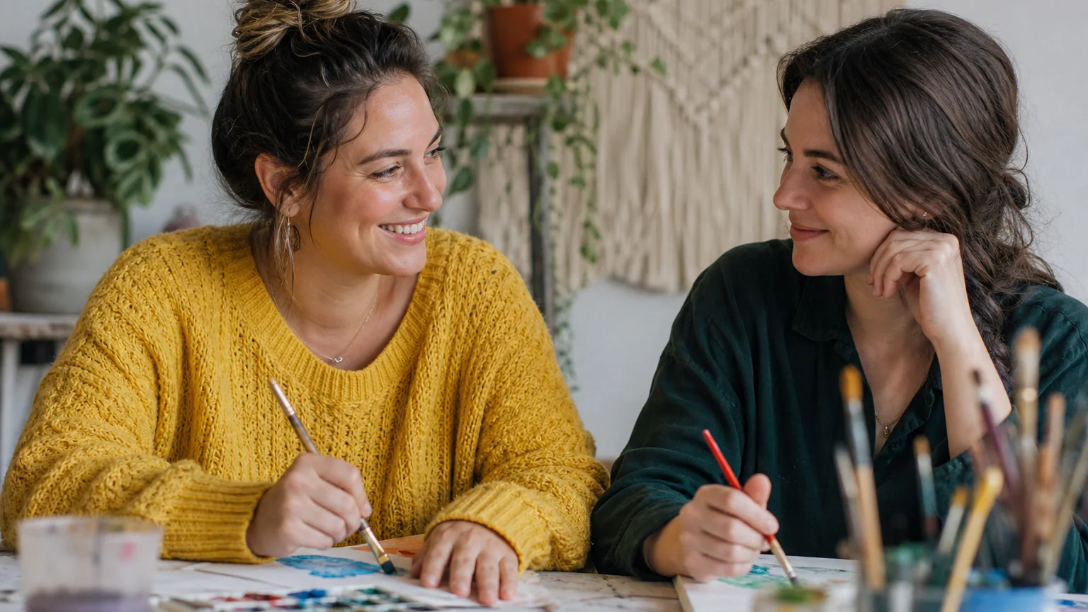 Two smiling women paint with watercolors at a table covered with palettes and brushes, with potted plants behind them.