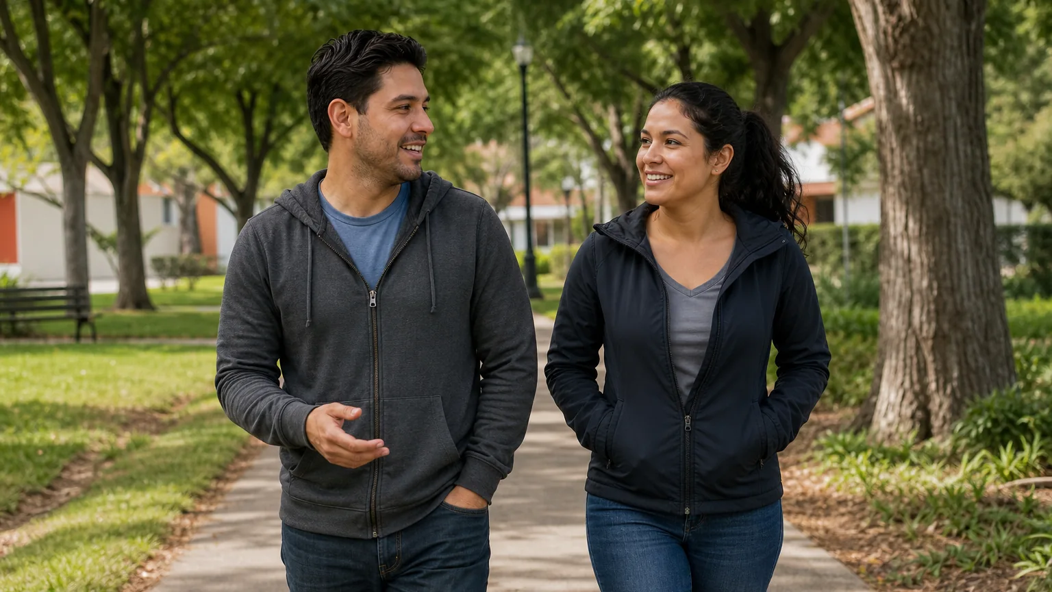 A smiling man and woman in casual jackets walk side by side on a tree-lined park path, looking at each other.
