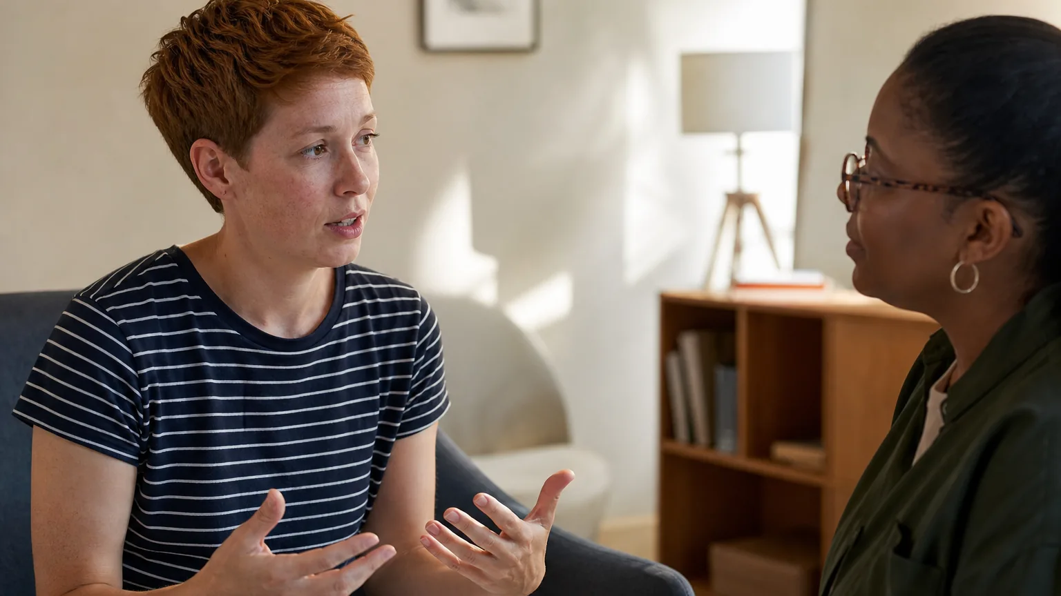 An adult with short red hair gestures while speaking with a woman wearing glasses in a softly lit counseling room.