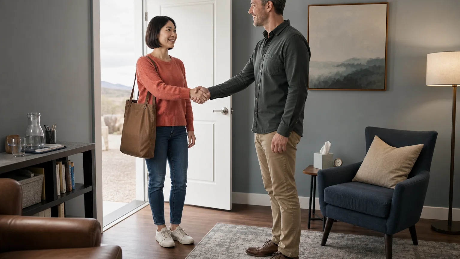 A woman carrying a brown tote bag shakes hands with a man at the open doorway of a furnished office.