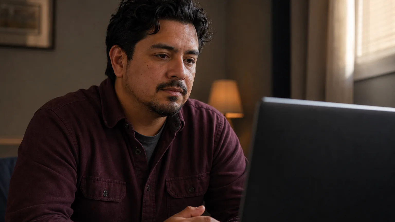 An adult man in a burgundy shirt sits with clasped hands, looking at a laptop beside a sunlit window.