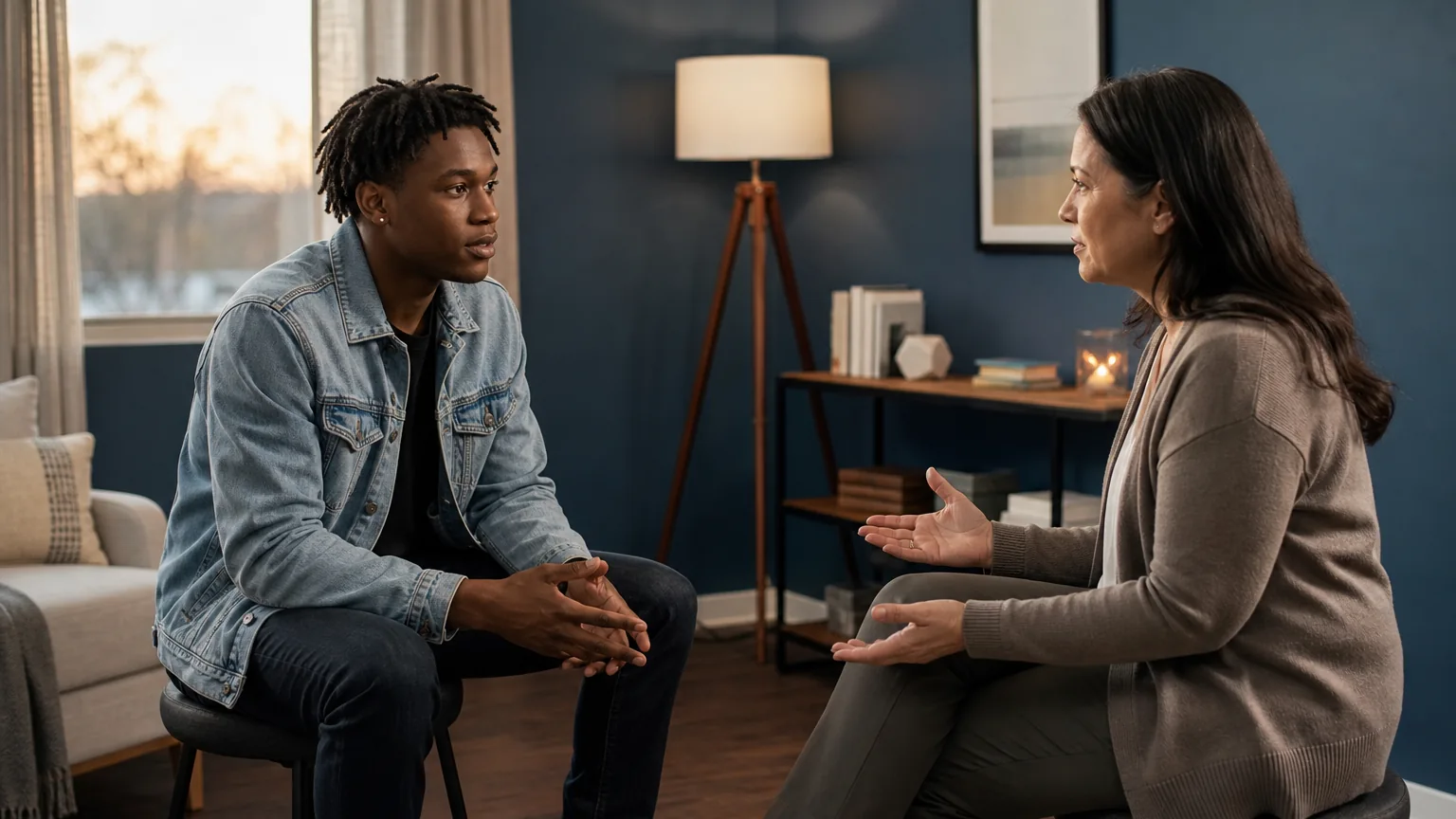 A young adult in a denim jacket listens to a woman gesturing during a seated conversation in a comfortably furnished room.
