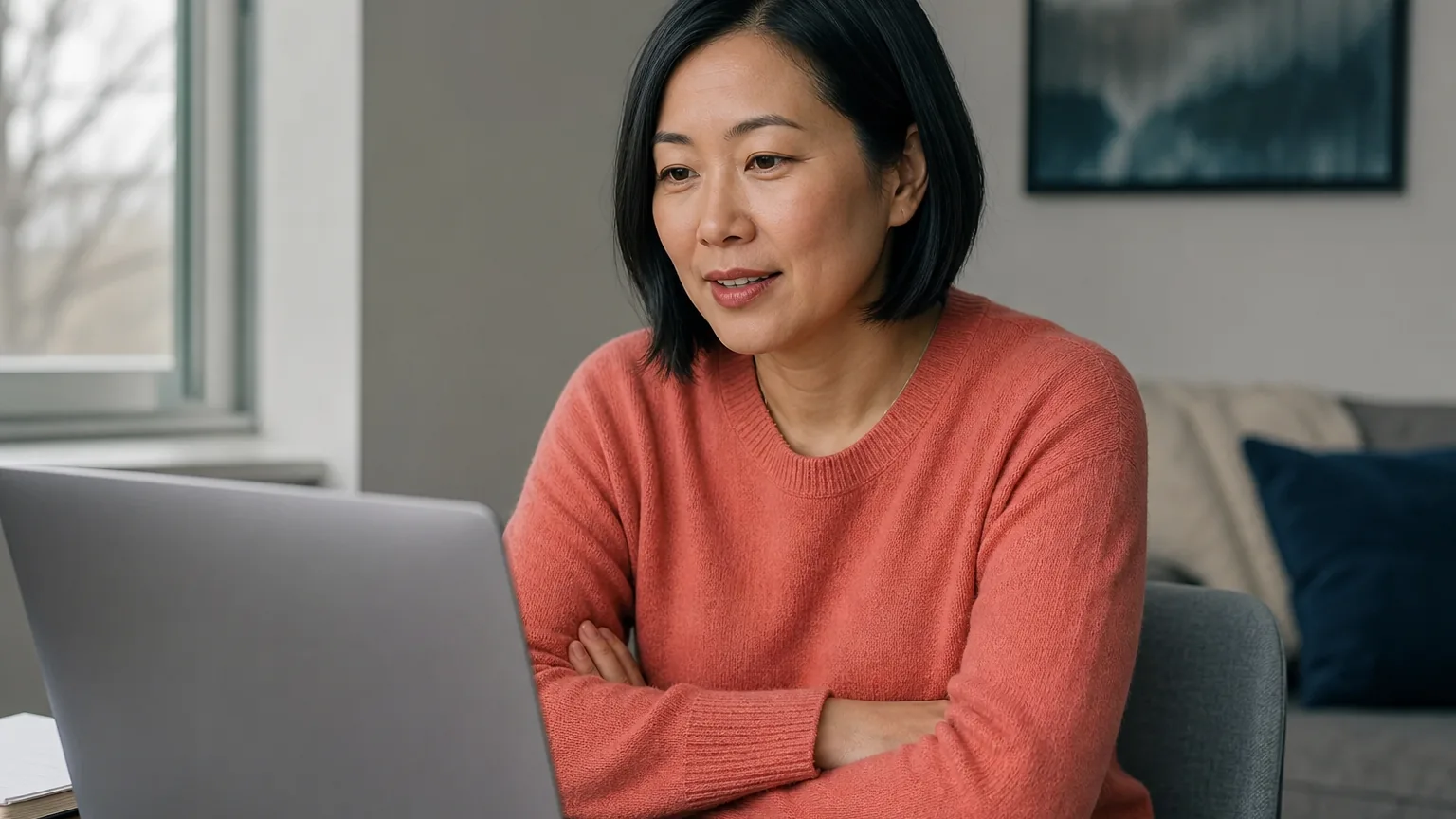 An adult woman in a coral sweater sits with her arms crossed at a table, looking at an open laptop beside a window.