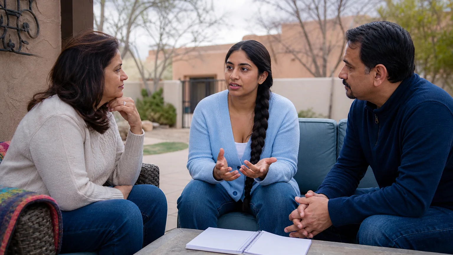 Three adults sit on a patio in conversation, with a woman gesturing between two listeners and an open notebook on the table.