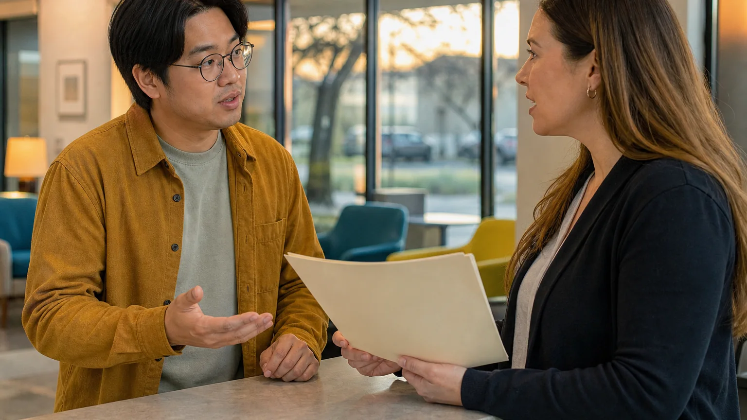 A man in glasses gestures across a reception counter while a woman holding a folder listens in a bright lobby.