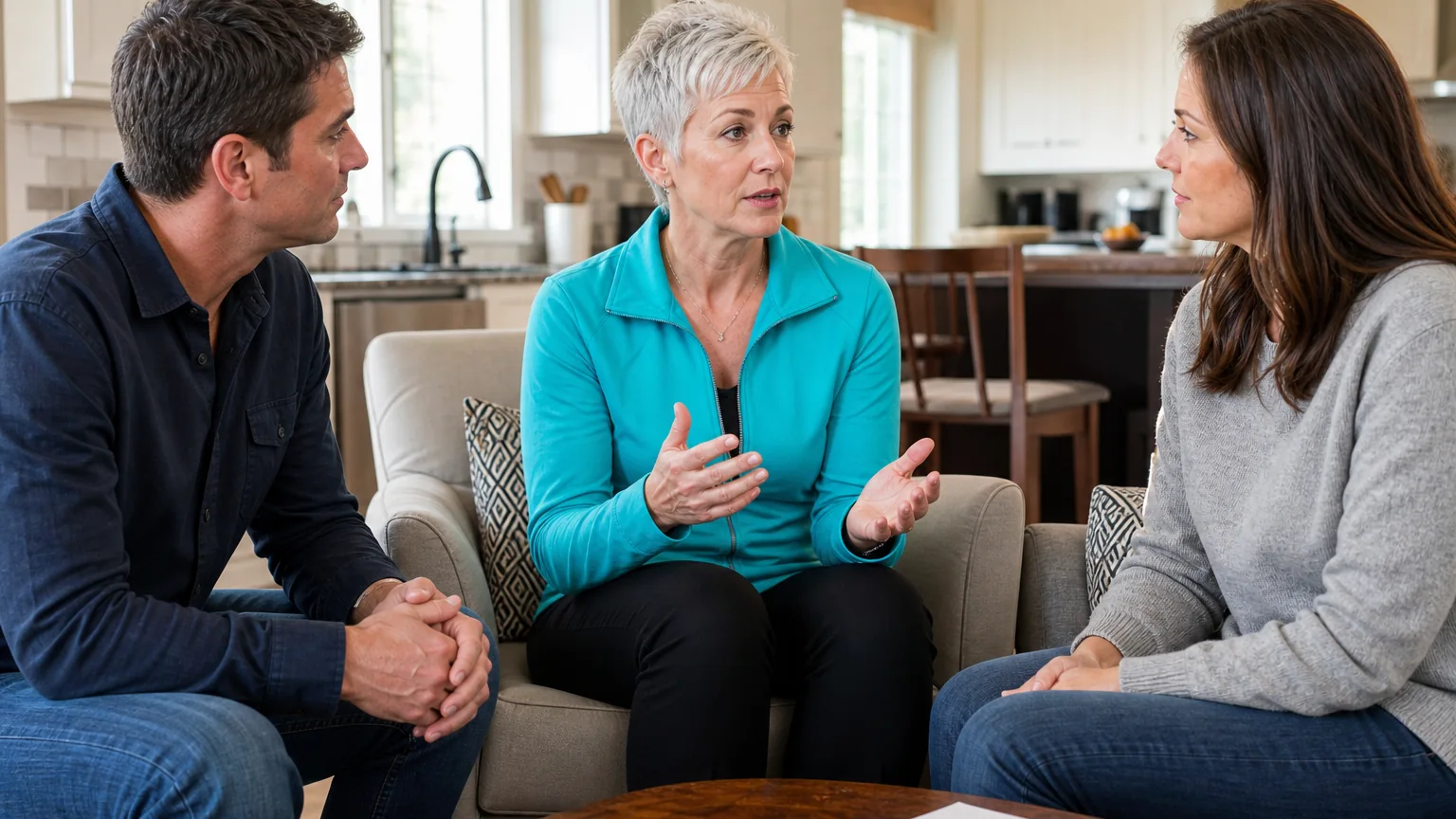 Three adults sit facing one another in a living room as a short-haired woman gestures during a conversation.