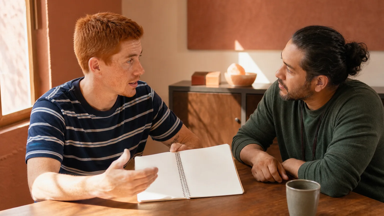 Two adult men talk across a wooden table, one gesturing beside an open blank notebook while the other listens.