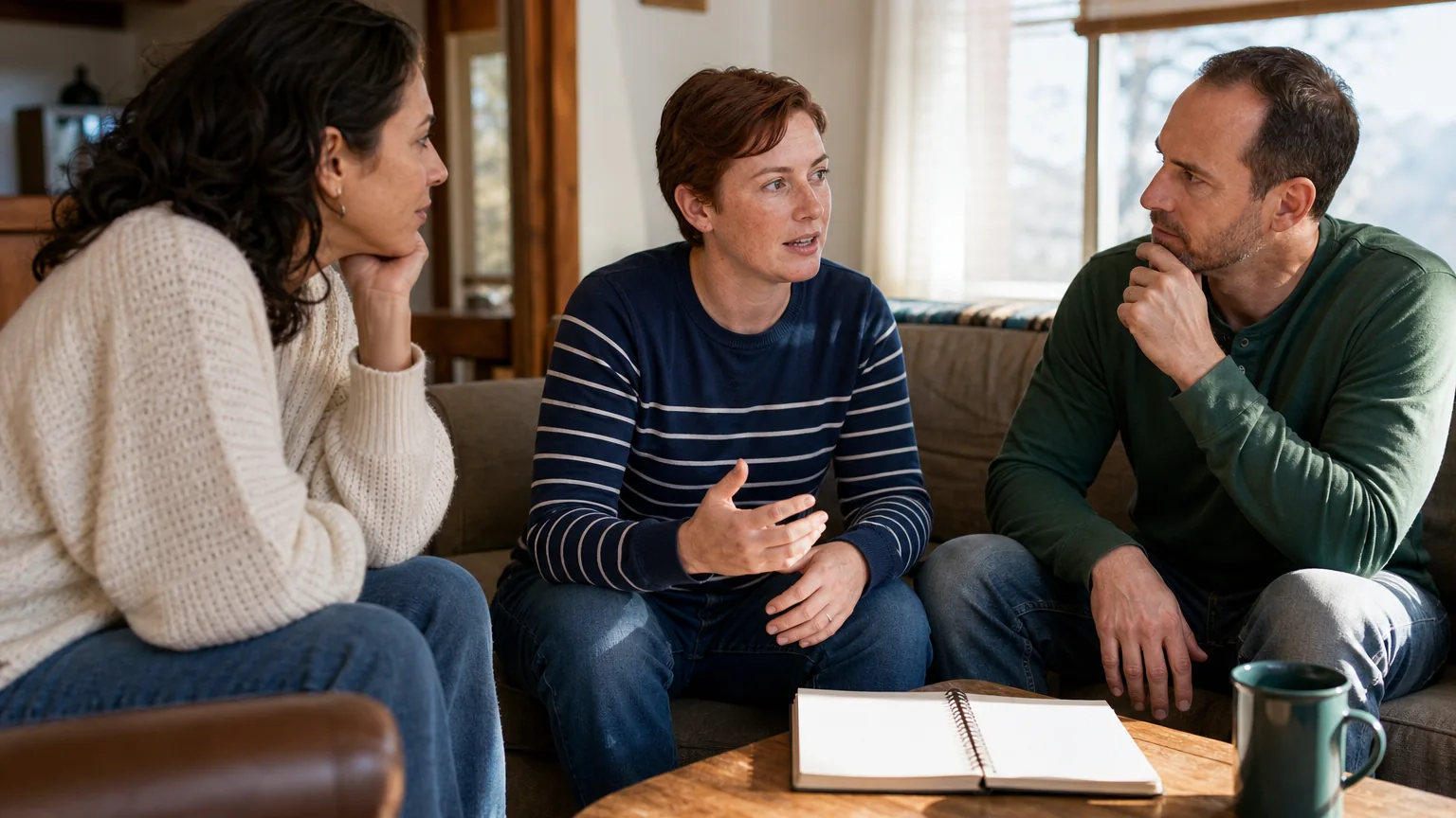 Three adults sit together in a living room, talking beside a coffee table with an open notebook and a green mug.