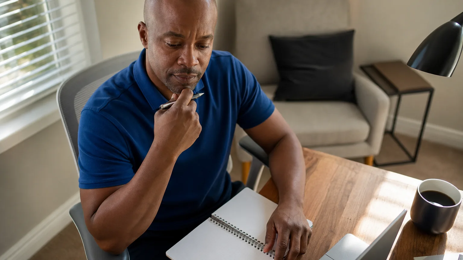 A man in a blue polo holds a pen near his chin while looking down at an open notebook beside a laptop and coffee mug.