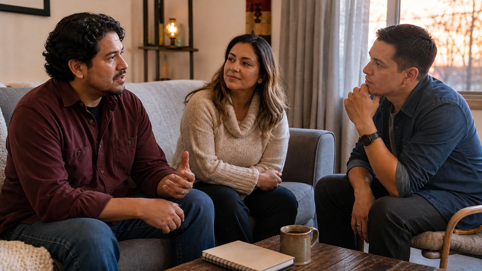 Three adults sit facing one another in a living room, with one man gesturing as the other two listen.