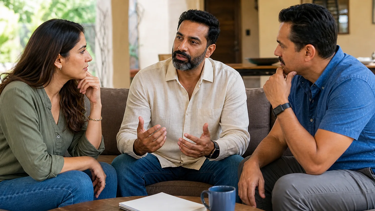 Three adults sit on a sofa in conversation, with the central man gesturing above a table holding a notebook and blue mug.