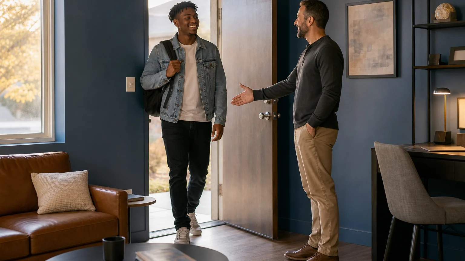 A smiling man with a shoulder bag enters a furnished office as another man welcomes him with an outstretched hand.