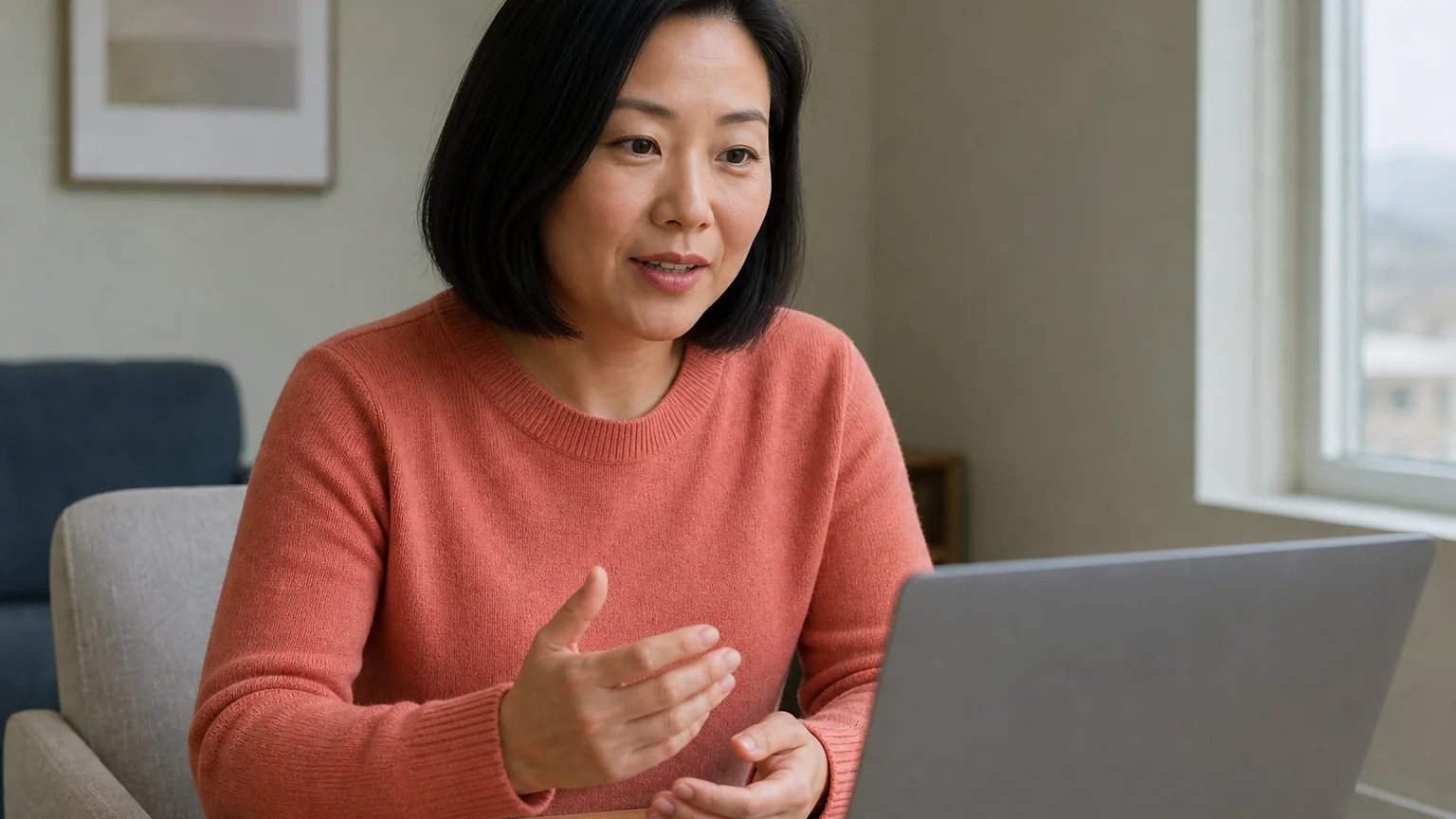 An adult woman in a coral sweater gestures while seated at a wooden table facing an open laptop near a window.