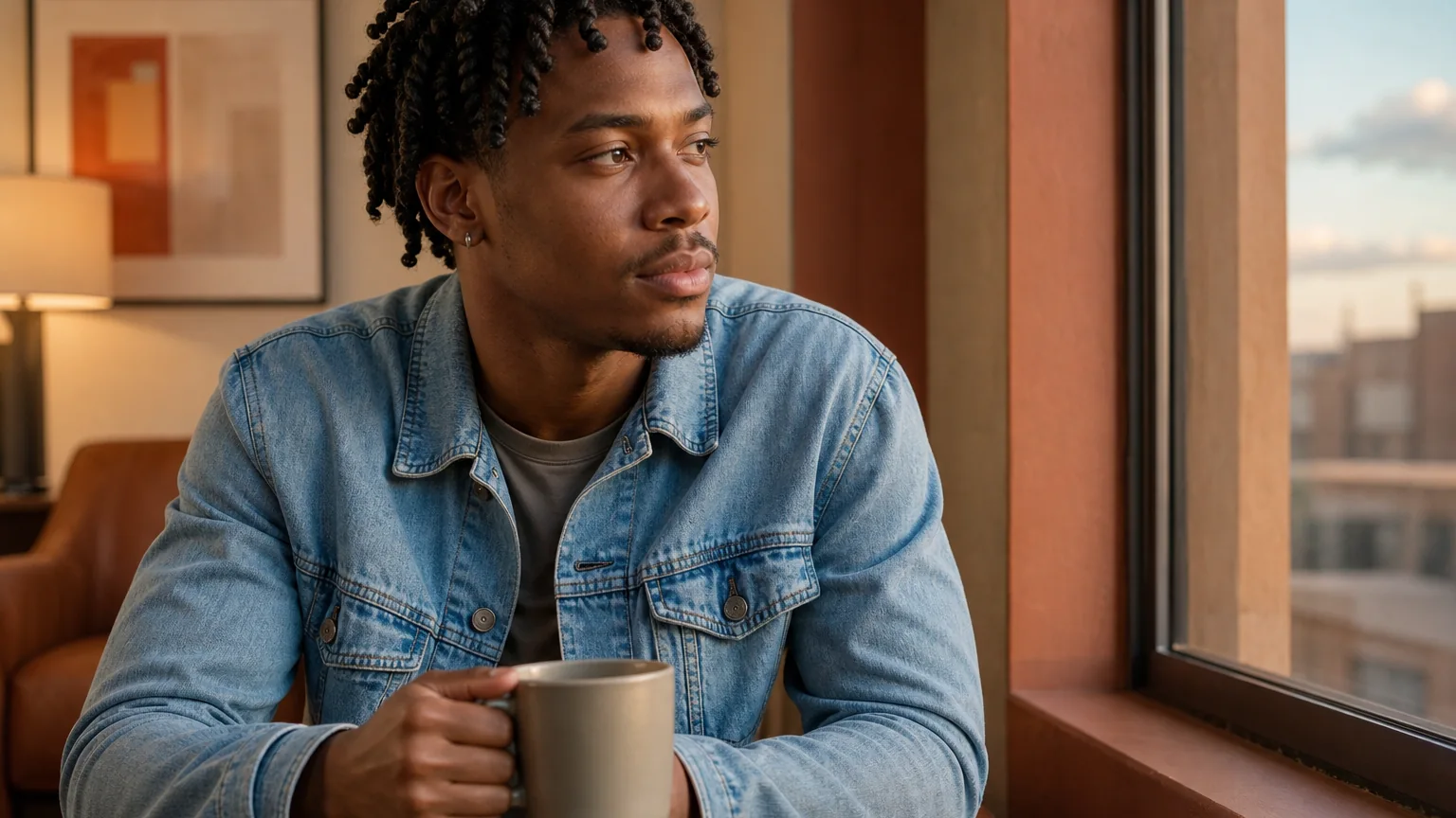 A young adult man in a denim jacket holds a plain ceramic mug with both hands and looks out a window in a warmly lit room.