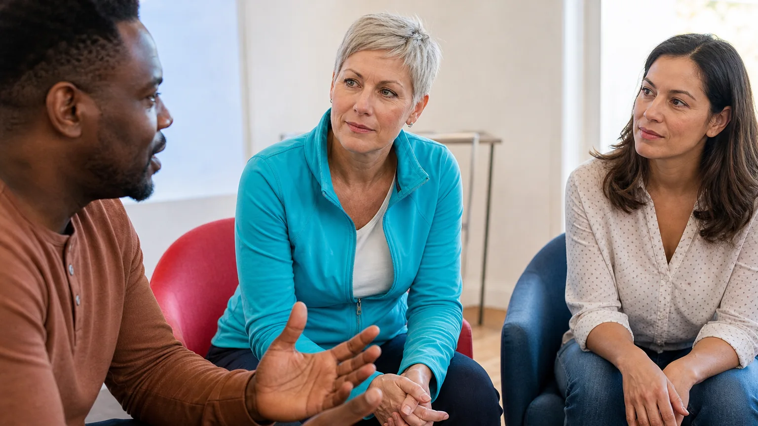 A man gestures while two women listen attentively, seated together in a small support group discussion.