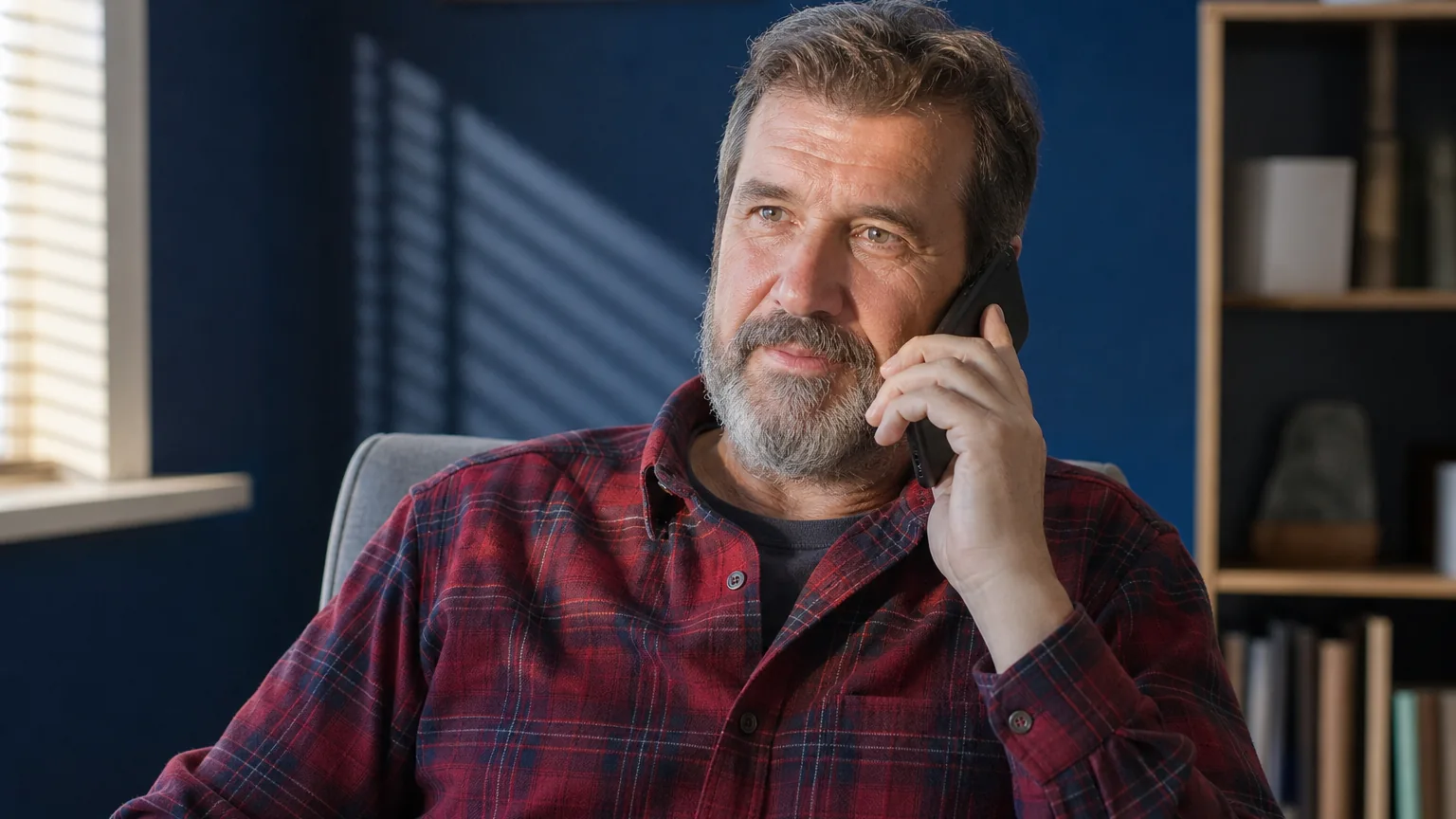 A bearded man in a red plaid shirt sits in an armchair, holding a black phone to his ear beside a window and bookshelf.
