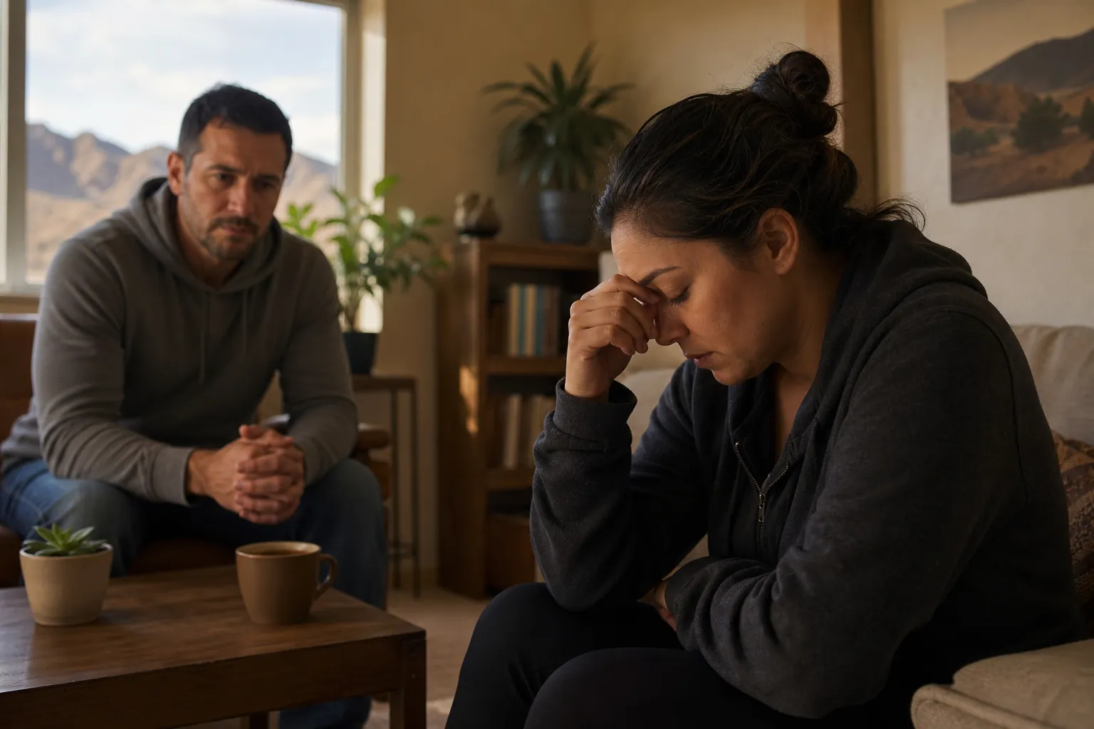 A distressed woman sits leaning forward with a hand against her forehead while a serious man sits nearby with clasped hands.