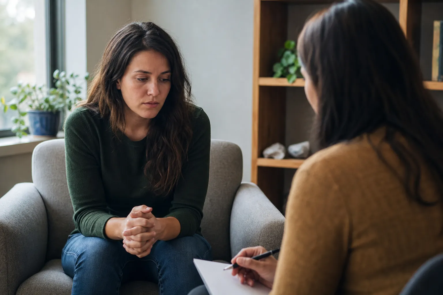 A concerned woman sits with clasped hands across from another woman holding a pen and notepad in a counseling office.