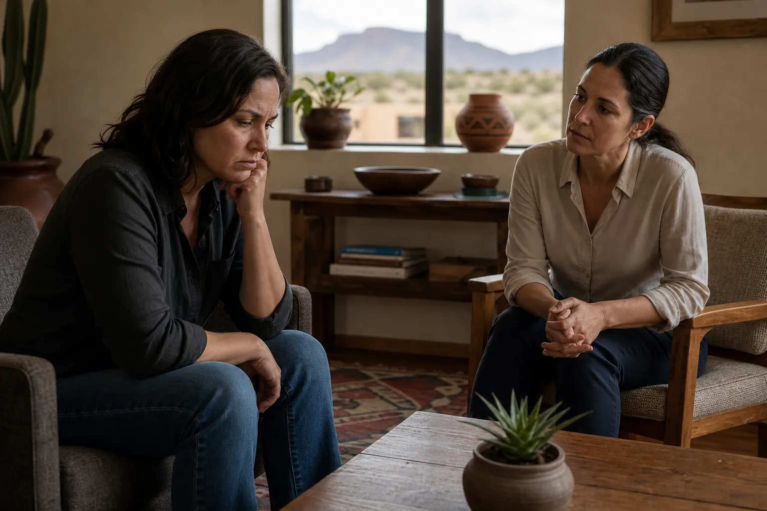 A distressed woman rests her cheek on her hand while another woman listens in a room overlooking desert mountains.