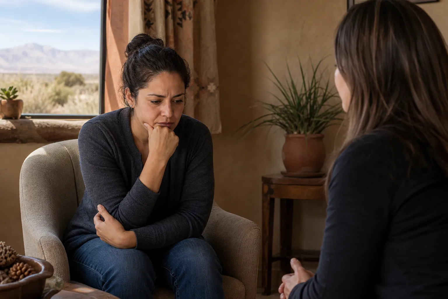A troubled-looking woman rests her chin on her fist while seated opposite another woman in a room overlooking desert mountains.