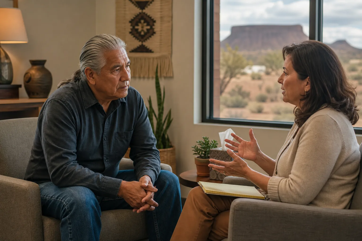 An older gray-haired man listens to a woman gesturing with a notebook on her lap, with desert mesas visible through a window.