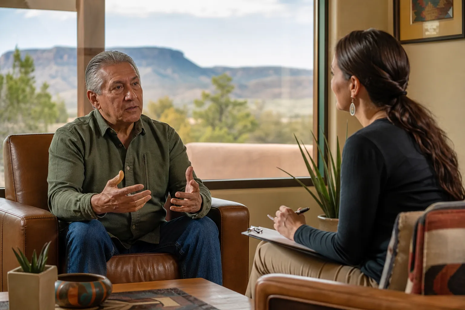 An older man gestures while talking with a woman holding a pen and clipboard, with desert mesas visible through the window.