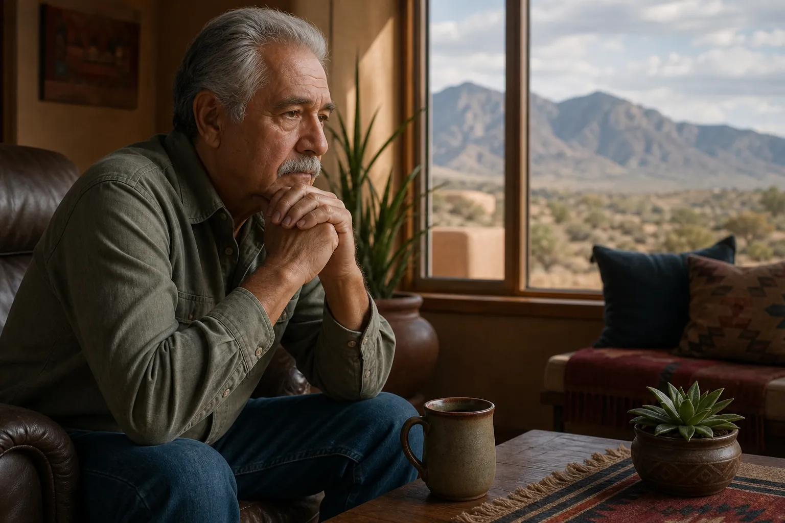 An older man sits with clasped hands beneath his chin beside a window overlooking desert mountains, with a mug on the table.